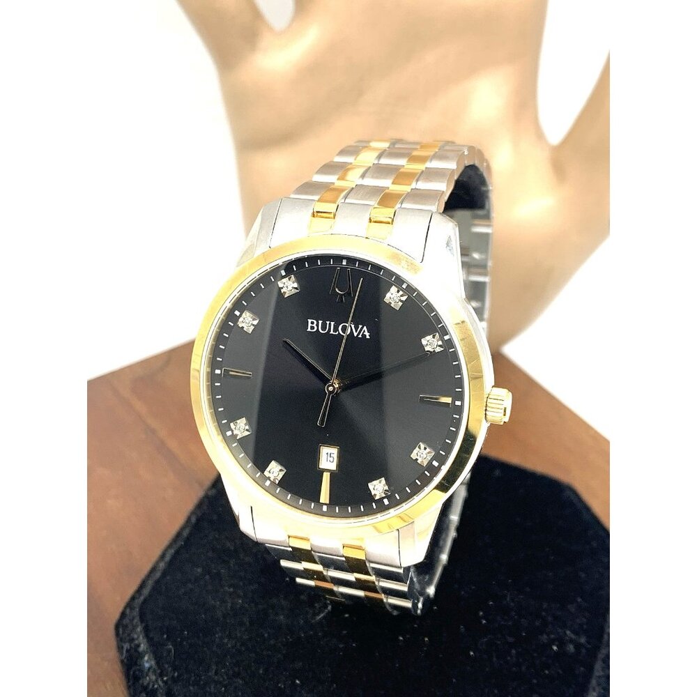Bulova Men's Watch 98D165 Quartz Diamond Black Dial Two Tone Steel 40mm